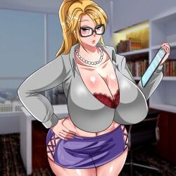 1girls alternate_costume blonde_hair blue_eyes bra breasts cleavage female female_only gear5_(artist) glasses hand_on_hip holding holding_object huge_breasts indoors jewelry looking_down metroid midriff miniskirt navel necklace pearl_necklace ponytail samus_aran secretary shirt sidelocks skirt solo solo_female solo_focus thick_thighs white_shirt wide_hips