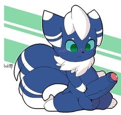 1boy 2016 aliasing anthro bakap big_head black_nose blue_fur blush empty_eyes erection feline fur furry green_eyes hyper hyper_penis kneeling male male_meowstic male_only meowstic nintendo nude partially_retracted_foreskin penis pokemon pokemon_xy precum signature simple_background solo testicles text uncut video_games