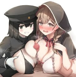 1boy 2girls @_@ absurdres ahoge akitsu_maru_(kancolle) bikini black_bikini black_eyes black_hair black_hat black_jacket braid breasts brown_eyes brown_hair capelet commission cooperative_paizuri covered_nipples embarrassed ffm_threesome gloves group_sex hat highres huge_breasts jacket kantai_collection looking_at_viewer medium_hair military_hat military_jacket multiple_girls open_mouth paizuri paizuri_under_clothes peaked_cap peanut_mouth pov sabo_(12454861) shinshuu_maru_(kancolle) sideboob_paizuri simple_background skeb_commission smile swimsuit teamwork_(sexual) teeth threesome twin_braids white_background white_bikini white_gloves zenra