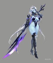 absurdres armor ass beelzebub_(taimanin_series) black_leotard blue_skin breasts cleavage colored_skin copyright_name curvy demon_girl expressionless female full_body grey_background grey_hair highleg highleg_leotard highres holding holding_weapon kwata_kuwa large_breasts leotard lilith-soft long_hair looking_afar navel official_art parted_lips pointy_ears polearm red_eyes revealing_clothes shiny_skin simple_background solo taimanin_(series) taimanin_rpgx taimanin_suit thong_leotard very_long_hair weapon wide_hips