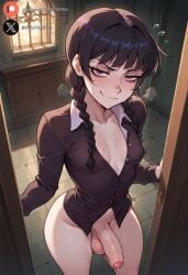 1futa ai_generated balls big_penis black_hair blush clothing cock dickgirl flaccid foreskin futa_only futanari high-angle_view huge_cock indoors light-skinned_futanari light_skin looking_at_viewer penis precum purple_eyes roxygtf smug solo standing sweat sweating sweaty_body the_addams_family wednesday_addams