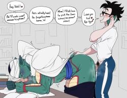 2boys against_table ass blush cellphone cheating_(relationship) clothes_pull colored_skin crying dragon_ball dragon_ball_super dragon_ball_super_super_hero english_text erection gay glasses grabbing_another's_ass green_skin groping height_difference multiple_boys muscular muscular_male muscular_uke netorare niusesabe open_mouth pants pants_pull penis phone piccolo pubic_hair sex sex_from_behind size_difference son_gohan speech_bubble sweatdrop talking_on_phone yaoi