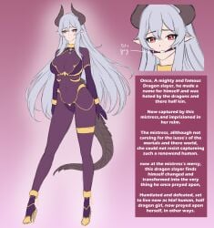 chains dragon_girl horns jesscatg large_breasts red_eyes slave slave_outfit text visi visi_(amorincorporate) white_hair