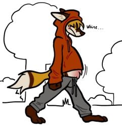 ambiguous_gender anthro belly belly_expansion belly_inflation belly_tuft big_belly bleakpepper bloated bodily_fluids canid canine clothing expansion fist fox hoodie inflation low_res mammal public solo tears topwear tuft whining