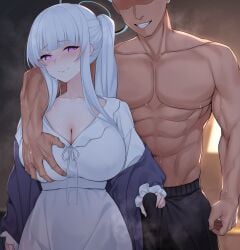 1boy abs black_shorts blue_archive breasts bulge cleavage closed_mouth collarbone commentary dark-skinned_male dark_skin english_commentary female grabbing_another's_breast groping halo interracial jjanda long_hair mixed-language_commentary muscular muscular_male noa_(blue_archive) noa_(pajamas)_(blue_archive) official_alternate_costume pajamas penis_grab ponytail purple_eyes shorts sidelocks smile steaming_body sweat white_pajamas