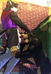 alley animal_genitalia animal_penis anthro anthro_on_anthro anthro_penetrated anthro_penetrating anthro_penetrating_anthro ass balls big_penis black_body black_fur bodily_fluids bottomwear bottomwear_down butt_grab canid canine canine_genitalia canine_penis canis closed_eyes clothed clothing domestic_dog duo erection fellatio fur gay gay_male genital_fluids genitals hand_on_butt heart_symbol hi_res jacket knot leather leather_clothing leather_jacket leather_topwear male male/male male_penetrated male_penetrating male_penetrating_male mammal muscular muscular_anthro muscular_male open_clothing open_jacket open_topwear oral outside pants pants_down partially_clothed penetration penile penis precum red_penis sex shirt sinningfox tank_top tongue tongue_out topwear yaoi