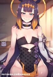 ai_generated big_ass big_butt big_thighs blue_eyes blush hololive_english huge_ass huge_butt huge_thighs ninomae_ina'nis purple_hair small_breasts strapless_dress testicles wanuze wide_hips