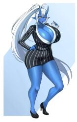 blue_skin demon_girl female horns large_ass large_breasts office_clothing office_lady oni oni_female ponytail tagme tita tita_(vincent_to13) white_hair yellow_eyes