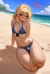 1boy 2d ai_generated ass bangs barefeet big_ass bikini blonde_hair bulge erection erection_under_clothes erophoenix feet full_body green_eyes looking_at_viewer looking_back male male_focus navel nude otoko_no_ko pale_skinned_male patreon_username penis sitting smile soles solo solo_male sweat swimsuit thick thick_thighs toes uncensored
