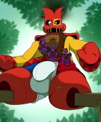 5:6 anthro balls_outline belt bloodshot_eyes bottle bulge bulge_through_clothing clothing colored_outline container detailed_background detailed_bulge france french_flag genital_outline gloves handwear hi_res hoodlum_(rayman) leaf looking_at_viewer looking_down looking_down_at_viewer lum_(rayman) male mittens open_mouth penis_outline potion potion_bottle rayman_(series) red_body red_clothing red_gloves red_handwear red_mittens sewn_mouth solo spread_legs spreading standing stilts stitch_(sewing) stumbleboom_(rayman) suit surprised surprised_expression surprised_face ubisoft underwear vorechestra yellow_clothing yellow_suit