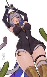 1girls arms_up armwear blue_eyes bodysuit breasts cat_ears cat_tail catgirl cipher_(honkai:_star_rail) collar cucumber female female_only grey_hair honkai:_star_rail hoyoverse key looking_at_viewer looking_down low-angle_view quilm standing sweat tail thighs trapped