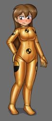bodysuit breasts brown_eyes brown_hair crash_test_dummy dummy female latex light-skinned_female rubber rubber_suit tagme