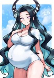 1girls :) big_breasts breasts chest cleavage collarbone cyan_hair female female_only flower_in_hair hand_on_chest hand_on_own_chest hips hololive hololive_english hololive_english_-advent- horns light-skinned_female light_skin long_hair looking_at_viewer malpha_ravencroft mole mole_under_eye moles_under_eyes navel navel_visible_through_clothes one-piece_swimsuit pink_eyes pregnancy pregnant pregnant_belly pregnant_female rotomdocs smile solo standing swimsuit very_long_hair virtual_youtuber waist white_swimsuit