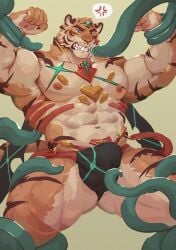 absurd_res amenohi29 anthro barazoku big_muscles biped black_bottomwear black_clothing black_underwear bottomwear clothing felid hi_res male mammal muscular muscular_anthro muscular_male pantherine restrained restrained_by_tentacles solo tentacle tentacles_on_male tiger underwear