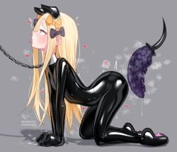 abigail_williams_(fate) absurdres all_fours anal_tail animal_ears animal_hands black_bodysuit black_bow blonde_hair bodysuit bow dog_ears dog_tail fake_animal_ears fake_tail fate/grand_order fate_(series) female gloves gradient_eyes hairbow highres impossible_bodysuit impossible_clothes latex latex_bodysuit long_hair maguro27 multicolored_eyes open_mouth orange_bow paw_gloves paw_shoes pet_play skin_tight solo tail tongue tongue_out very_long_hair