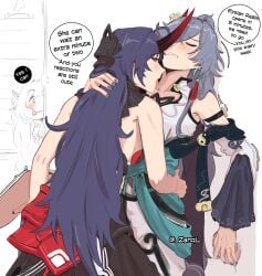 against_wall blush blush carrying carrying_legs clothed clothes clothing elysia_(honkai_impact) fu_hua_(azure_empyrea) honkai_(series) honkai_impact_3rd horns leg legs_up licking licking licking_neck long_hair nervous raiden_mei raiden_mei_(herrscher_of_thunder) saliva shy wall yuri zanqi