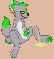 animal_genitalia animal_penis anthro archie_foster bodily_fluids canid canine canine_genitalia canine_penis canis claws coyote dinkden dipstick_tail ear_piercing ear_ring fur genital_fluids genitals green_body green_claws green_fur green_hair green_penis grey_body grey_fur hair hi_res male mammal markings peeing penis piercing ring_piercing solo spread_legs spreading tail tail_markings urination urine watersports yellow_eyes