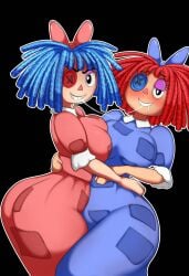 2girls big_breasts blue_clothing blue_hair blush bow button_eyes doll doppelganger dress evil_ragatha_(the_amazing_digital_circus) glitch_productions messy_hair oddrich ragatha_(the_amazing_digital_circus) red_hair saliva selfcest simple_background the_amazing_digital_circus tongue_kiss wide_hips yuri