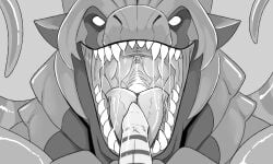5:3 anthro bodily_fluids dragon duo front_view hi_res imperatorcaesar looking_at_viewer male monochrome mouth_shot muscular muscular_anthro muscular_male mythological_creature mythological_scalie mythology open_mouth oral penis_on_tongue saliva saliva_string scalie simple_background solo_focus
