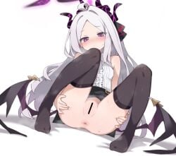 aku0 anus ass bar_censor belt black_belt black_skirt black_thighhighs blue_archive blush breasts censored closed_mouth commentary demon_girl demon_horns demon_wings female frilled_shirt frills full_body halo highres hina_(blue_archive) horns long_hair purple_eyes pussy shadow shirt simple_background skirt sleeveless sleeveless_shirt small_breasts solo sweat thighhighs white_background white_hair white_shirt wings