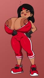 1female 1girls black_hair cameltoe dark_skin female huge_breasts jamie_supreme jellot red_eyes smiling smug solo sports_uniform sportswear track_suit track_uniform unzipping wink winking