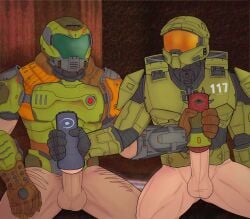 armor covered_face doom doom_slayer_(doom) fleshlight gay halo_(series) handjob male male_only master_chief muscular mutual_masturbation partially_clothed
