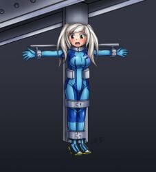 bodysuit bondage breasts brown_eyes female fire_emblem fire_emblem_awakening robin_(fire_emblem) robin_(fire_emblem)_(female) stationary_restraints tagme twintails white_hair zero_suit zero_suit_samus_(cosplay)