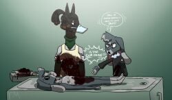 annie_(furmaestro) anthro big_breasts blood bodily_fluids breasts canid canine canis clothed clothing cum cum_on_body cum_on_face death dialogue digital_media_(artwork) dobermann domestic_dog duo ear_piercing facial_piercing female fur furmaestro genital_fluids genitals gore guro hair helli_anne hi_res humanoid lagomorph mammal morgue multicolored_body multicolored_fur nipple_piercing nipples nose_piercing nude organs piercing pinscher simple_background speech_bubble text two_tone_body two_tone_fur