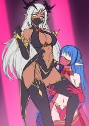chastity chastity_cage dark-skinned_female dark_elf elf femboy femdom femsub jesscatg large_breasts light-skinned_female mistress_(jesscatg) sissification sissy sissyfication tagme transformation wide_hips