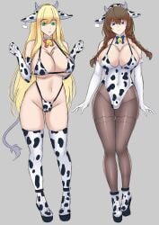 2futas arm_length_gloves bangs bell bell_and_collar big_breasts bikini blonde_hair blue_eyes blush blush_lines bow braided_hair breast_expansion breast_forms breasts brown_hair brunette_hair chocker clothed clothing cow_bikini cow_ears cow_girl cow_horns cowkini dickgirl duo english_text eyelashes eyeliner fake_breasts feminization floating_hearts frills fringe fully_clothed futa_only futa_transformation futanari green_eyes hair_band hair_over_breasts heart hucow human id_number intersex jesscatg lactation large_breasts light_skin lipstick long_hair male male_to_futa mostly_nude nude penis_bulge pixelated red_lipstick revealing_clothes shiny_skin stockings tight_clothing tights transformation twin_braids