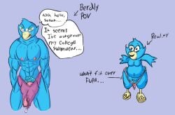anthro avian berdly big_penis bodily_fluids clothing cum cum_drip deltarune dripping feathers footwear fupa genital_fluids genitals huge_cock linebore male micropenis moobs muscular overweight penis sandals shoes small_penis solo torn_clothing undertale_(series)