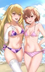 2020s 2025 2girls :d asymmetrical_bangs bare_shoulders beach bikini blonde_hair blue_sky breasts brown_eyes brown_hair cloud collarbone elbow_gloves female forced_smile gloves hair_between_eyes hair_ornament hairpin heart heart_print hi_res large_breasts long_hair looking_at_viewer medium_breasts misaka_mikoto navel ocean open_mouth outdoors pink_bikini print_bikini purple_bikini ribs shokuhou_misaki sioo_1029 sky smile sparkling_eyes spider_web_print standing stomach sweatdrop swimsuit teenage_girl teenage_girls teenage_tits teenager teenagers temporal_hairline thighhighs to_aru_kagaku_no_railgun to_aru_majutsu_no_index trembling white_gloves white_thighhighs yellow_eyes young young_female