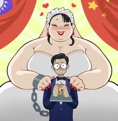 1boy 1girls absurd_res absurdres ashgallalla bride bride_gown bride_veil china_(countryhumans) chinese chinese_female chinese_girl cuff_(restraint) cuff_links cuffed_wrists dominant dominant_female fat_ass fat_china_(ashgallalla) fat_female fat_fetish fat_woman forced_wedding groom hand_cuff hand_cuffs hands_on_shoulders husband_and_wife kinda_wholesome large_breasts large_female larger_female looking_at_viewer love_heart love_hearts morbidly_obese morbidly_obese_female reunion smile smile_at_viewer submissive submissive_male taiwan_(countryhumans) taiwanese taiwanese_male true_love wedding wedding_attire wedding_dress wedding_veil wife_and_husband wife_material