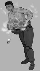 big_breasts bushmannerino commission commission_art dark-skinned_female dark_skin hanging_breasts large_breasts massive_breasts muscular_arms muscular_female newgrounds newgrounds_username short_hair soldier soldier_uniform steaming_body sweat sweaty tight_clothing tomboy