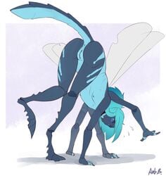 anthro anus arbuzbudesh arthropod ass blue_eyes blue_hair breasts digitigrade dragonfly female hair insects looking_at_viewer multi_arm multi_limb nipples no_sclera presenting presenting_hindquarters presenting_pussy pussy solo wings