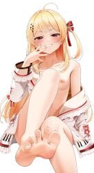 1girls 2025 ahoge areolae bare_legs bare_shoulders barefoot blonde_hair blush bratty casino_(casinoep) clothed clothes collarbone exposed_breasts feet female female_only flat_chest foot_fetish foot_focus grin hair_ribbon hairclip half-closed_eyes hand_to_face head_tilt highres hololive hololive_dev_is hololive_regloss knee_up light-skinned_female light_skin long_hair long_sleeves looking_at_viewer musical_note_hair_ornament nails nipples off_shoulder one_leg_bent one_leg_raised otonose_kanade partially_clothed red_eyes side_ponytail sitting small_breasts smile smirk smug smug_face sole solo spread_toes toes virtual_youtuber white_background wiggling_toes