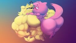 2021 abs anthro ass balls benny_(mao_mao) big_balls big_butt big_muscles big_pecs black_eyes black_nose blonde_hair blush canid canine canis canon_couple cartoon_network digital_media_(artwork) domestic_dog duo eye_contact female fur genitals hair half-closed_eyes hand_on_hip heart_symbol holding_another huge_balls huge_muscles huge_pecs looking_at_another love male male/female mammal mao_mao:_heroes_of_pure_heart muscular muscular_anthro muscular_male narrowed_eyes pecs penis penny_(mao_mao) pink_body pink_ears pink_fur pink_hair pink_tail romantic romantic_couple smile tail thick_thighs three-quarter_view toonpower yellow_body yellow_fur yellow_tail