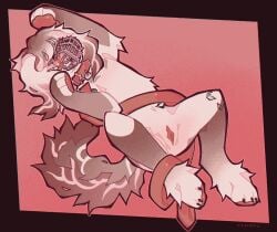 andromorph anthro brown_body brown_fur canid canine canis claws collar domestic_dog fur hair intersex leash leg_tattoo long_hair mammal muzzle_(object) pawpads paws pink_background simple_background solo tan_body tan_fur tattoo vinqock