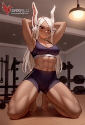 1girls 2d abs ai_generated ass big_ass big_breasts boku_no_hero_academia breasts cleavage dark-skinned_female dark_skin erophoenix female female_focus full_body gym looking_at_viewer mirko miruko muscles muscular muscular_female my_hero_academia navel patreon_username solo solo_female sports_bra thick thick_thighs toned uncensored