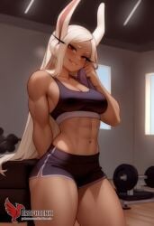 1girls 2d abs ai_generated ass big_ass big_breasts boku_no_hero_academia breasts cleavage dark-skinned_female dark_skin erophoenix female female_focus full_body gym looking_at_viewer mirko miruko muscles muscular muscular_female my_hero_academia navel patreon_username solo solo_female sports_bra thick thick_thighs toned uncensored
