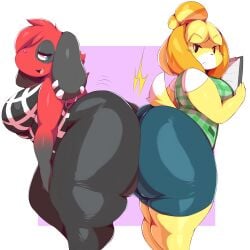 2019 2girls anal_kiss animal_crossing annoyed anthro ass ass ass_to_ass bare_shoulders big_ass booty booty_bump breasts bumping_asses bumping_butts butt_bump cherry_(animal_crossing) chubby dog_ears dog_girl dog_tail eye_contact fat fat_ass female female_focus female_only fully_clothed fur furry furry_only huge_ass isabelle_(animal_crossing) large_breasts looking_at_another multiple_girls nintendo oerba_yun_fang plump skirt smile tail thick_thighs thighs trinity-fate62 vest yuri yuri