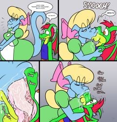 1boy 1girls 2d 2d_(artwork) alice_(jamearts) anthro anthro_on_anthro arms_around_partner blonde_hair blonde_hair_female blue_body blue_eyes blue_skin bow bowtie breasts comic dialogue digital_drawing_(artwork) digital_media_(artwork) dragon dragon_boy dragon_girl dragon_horns dragon_tail dragon_wings duo duo_focus female green_body green_skin green_skirt jamearts jimmy’s_sloppy_life kissing male male/female medium_breasts mwah non-human orange_eyes panels pink_bow pink_bowtie red_hair red_hair_male saliva saliva_drip scalie scalie_female scalie_male scalie_only skirt sloppy_kiss smooch two_tone_body wink winking winking_at_partner