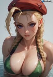 ai_generated beret big_breasts bikini biting_lip blonde_hair blue_eyes cammy_white erect_nipples hard_nipples large_breasts lips long_hair scar scar_on_face scarletai_ street_fighter twin_braids unstable_diffusion
