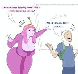 1boy 1girls adventure_time blabo00 cleavage dialogue female finn_the_human huge_breasts huge_hips male princess_bubblegum revealing_clothes text voluptuous wide_hips