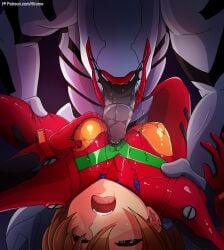 blue_eyes bodysuit breasts grabbing_own_breast highres hirume interspecies licking mass_production_eva mecha_pilot_suit medium_breasts neon_genesis_evangelion orange_hair plugsuit_(evangelion) red_bodysuit saliva souryuu_asuka_langley