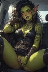 ai_generated female green_skin masturbating_in_car masturbation orc orc_female orgasm pleasure spread_legs teenage_girl teenager wet