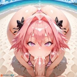 ai ai_generated astolfo_(fate) beach big_dick big_penis blowjob blowjob_face cum cum_in_mouth cumming fate_(series) fellatio femboy gay hentai looking_at_viewer male male/male massive_penis nude orgasm pink_eyes pink_hair pov short_hair trap uncensored userzon yaoi