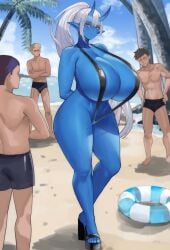 beach blue_skin demon_girl female horns large_ass large_breasts oni oni_female swimsuit tagme tita tita_(vincent_to13)