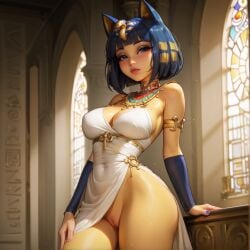 ai_generated animal_crossing ankha ankha_(animal_crossing) black_eyes blue_hair breasts cat_ears catgirl female looking_at_viewer mooriby nintendo standing vagina