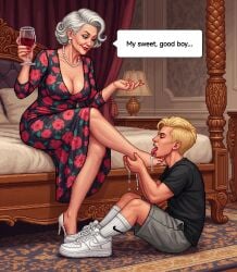 bedroom dialogue dominant dominant_female elegant elegant_dress femdom foot_fetish foot_focus foot_lick foot_worship mature_female submissive submissive_male wine wine_glass younger_male